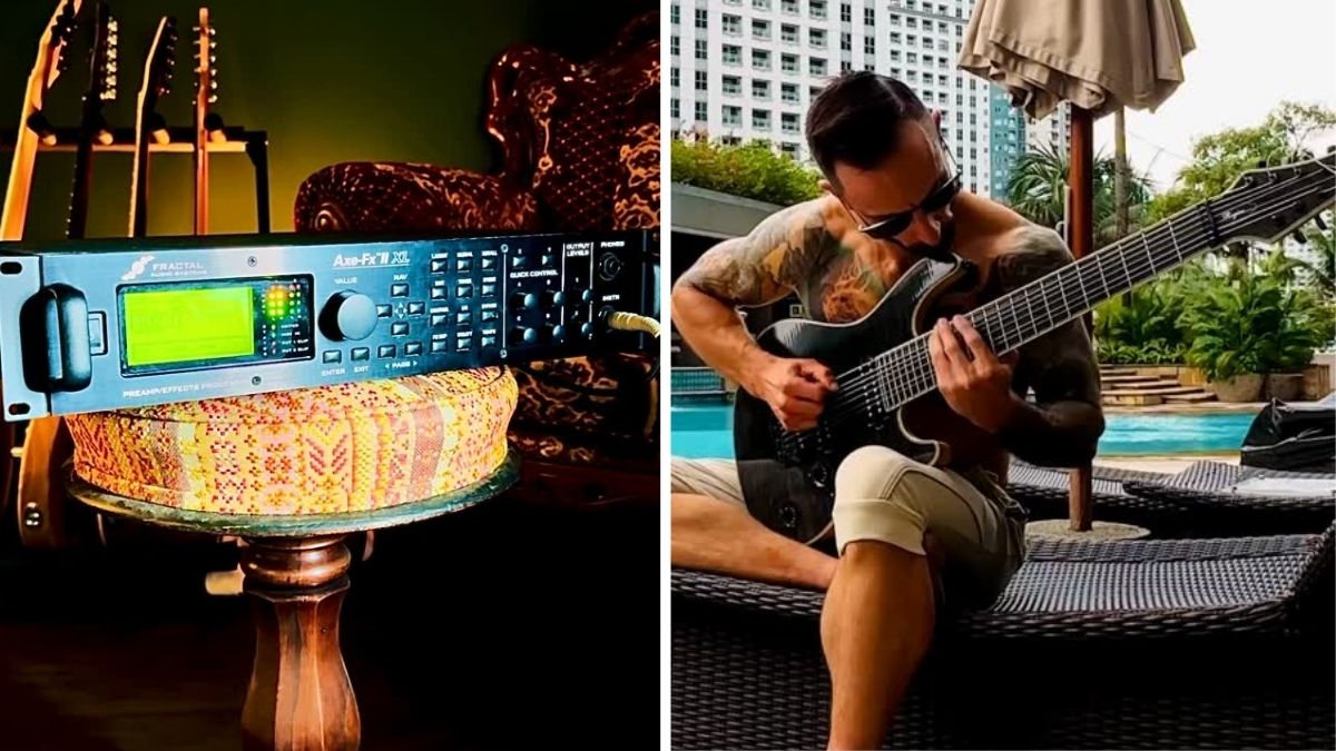 A collage of Mick Gordon's Fractal Axe-Fx II XL on the left, and Gordon playing an 8-string guitar on the right