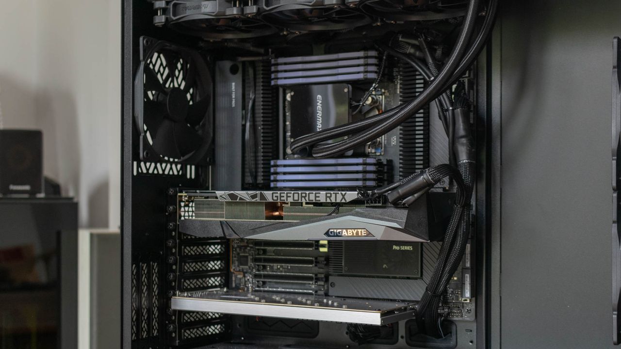The internal design of the Chillblast Fusion Threadripper Pro RTX 3975WX Workstation showing the motherboard and GPU