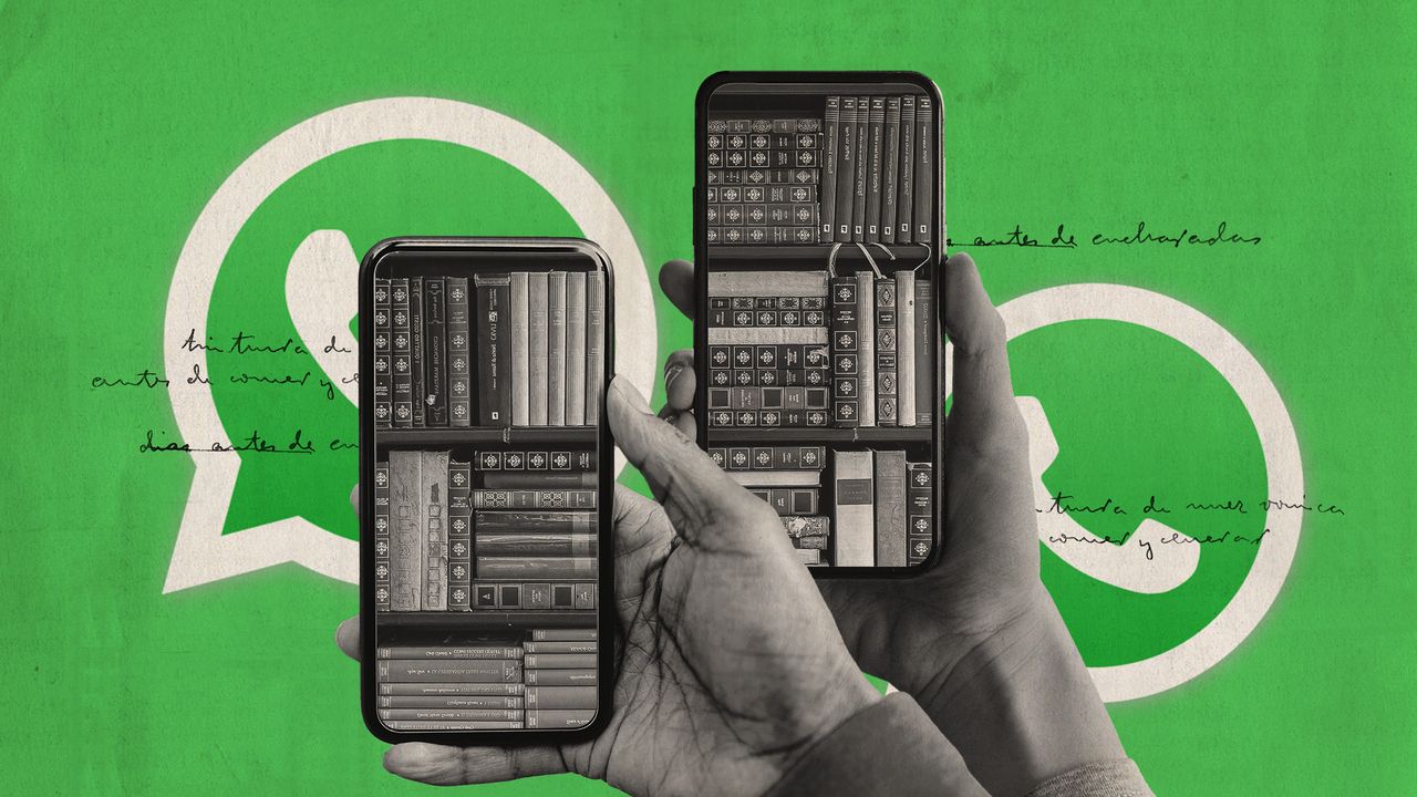 Photo collage of hands holding phones on a background of WhatsApp green. The phone screens show bookshelves. 