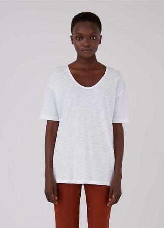 Women's Cotton Linen Relaxed Fit U-Neck T-Shirt in White