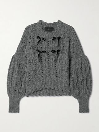 Bow-embellished cable-knit alpaca-blend sweater