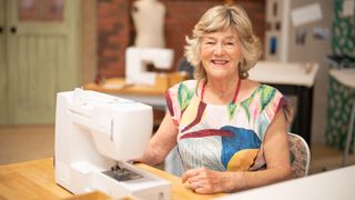 Gillie in a colourful dress for The Great British Sewing Bee 2023