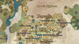 Avowed Woedica totem fragments - A map showing the location of the Golden Scale of Justice in Paradis' market district in Dawnshore.