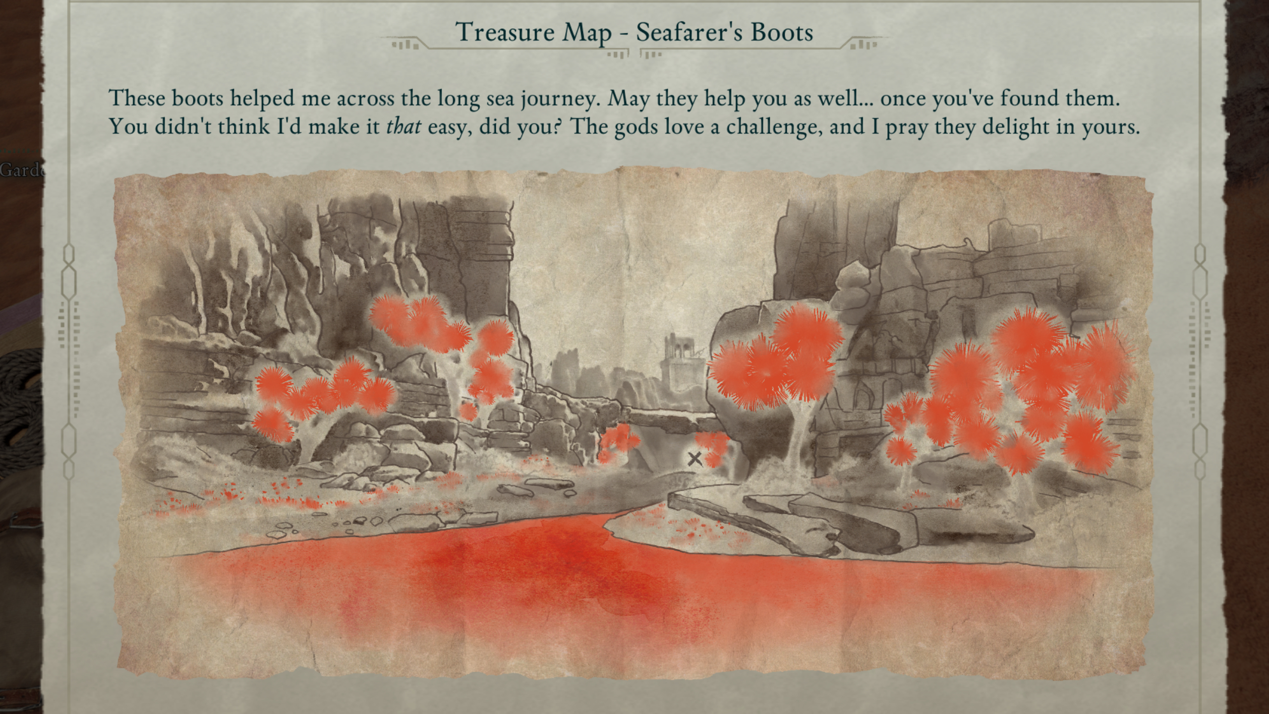 Avowed treasure maps - The clue page shows a painted map for the Seafarer's Boots.