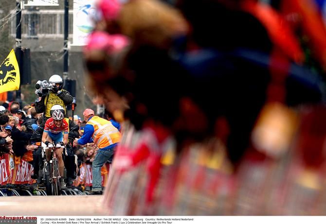 The crowds begin to swarm as Frank Schleck is on his way to winning the 2006 Amstel Gold