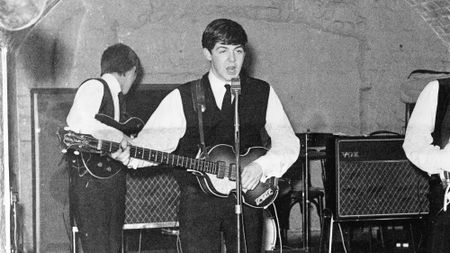 Rock and roll band "The Beatles" perform onstage at the Cavern Club on August 22, 1962.(L-R) George Harrison, Paul McCartney, John Lennon