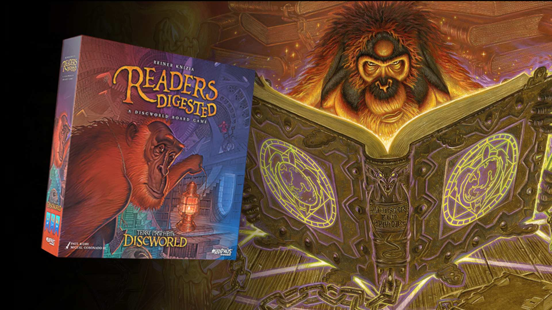 The Readers Digested box alongside an orangutan reading a magical book