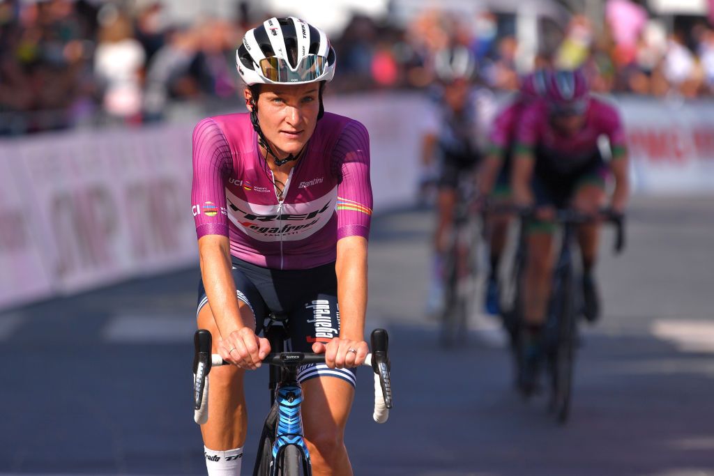 MOTTAMONTECORVINO ITALY SEPTEMBER 19 Arrival Elisabeth DeignanArmitstead of The United Kingdom and Team Trek Segafredo UCI Leader Jersey during the 31st Giro dItalia Internazionale Femminile 2020 Stage 9 a 1099km stage from Motta Montecorvino to Motta Montecorvino 645m GiroRosaIccrea GiroRosa on September 19 2020 in Motta Montecorvino Italy Photo by Luc ClaessenGetty Images
