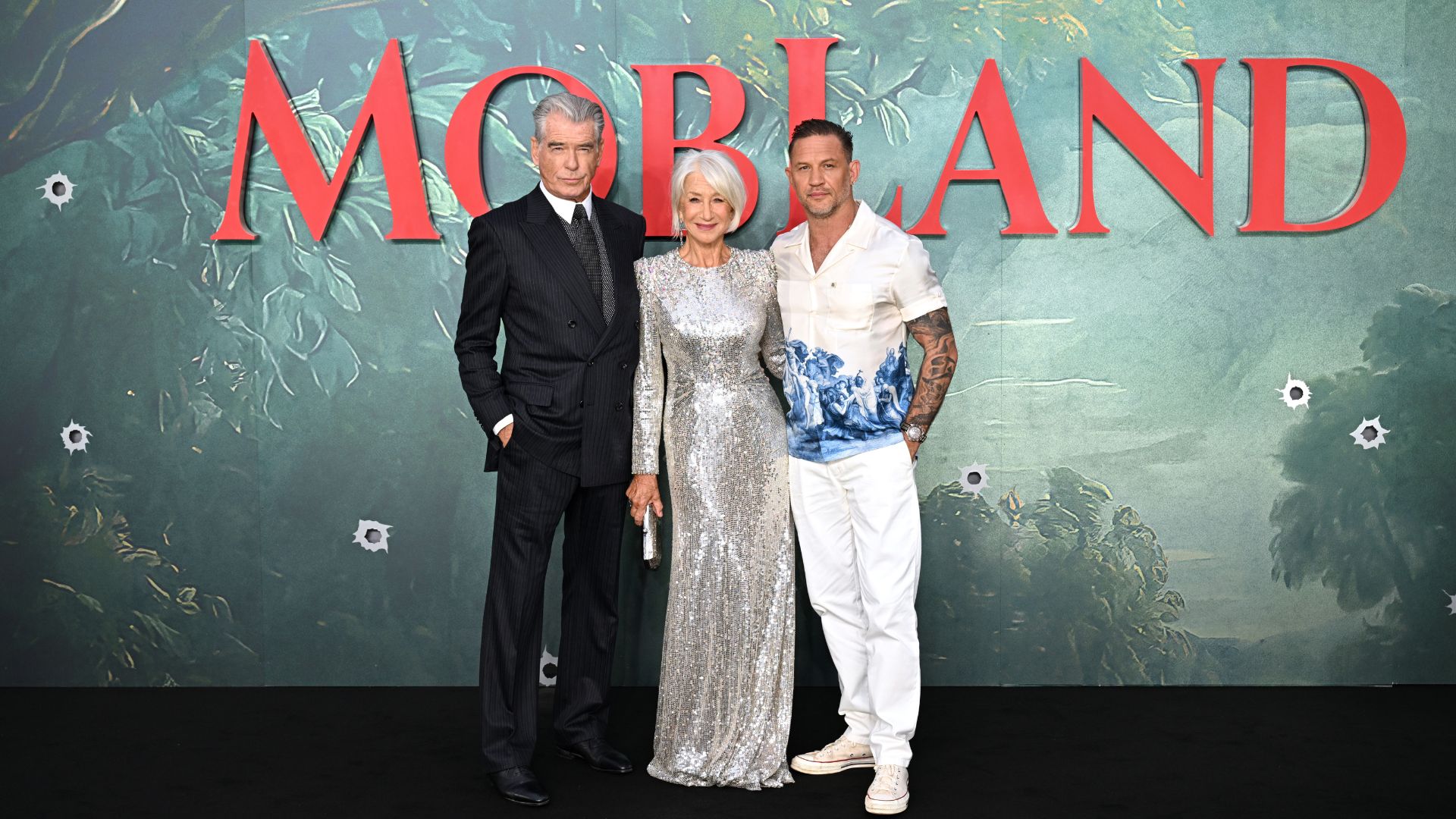 (L-R) Pierce Brosnan, Helen Mirren and Tom Hardy attend the MobLand series 2 Premiere at the Odeon Luxe Leicester Square on September 10, 2026