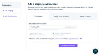 WP Engine's settings menu for adding a staging environment