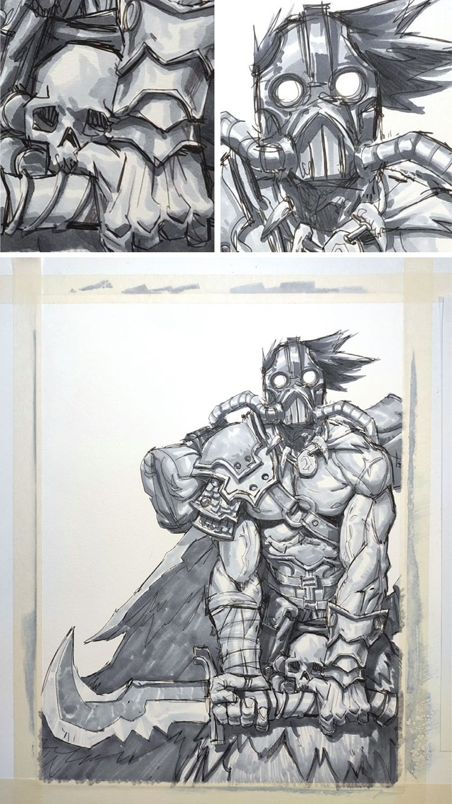 Mixed media tutorial; watercolour sketches of a barbarian character