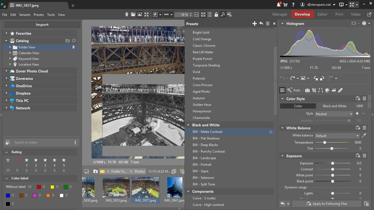 Zoner Studio during our testing process editing photos