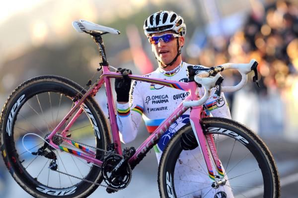 Race winner Zdenek Stybar shows off his pink Specialized at the finish line.