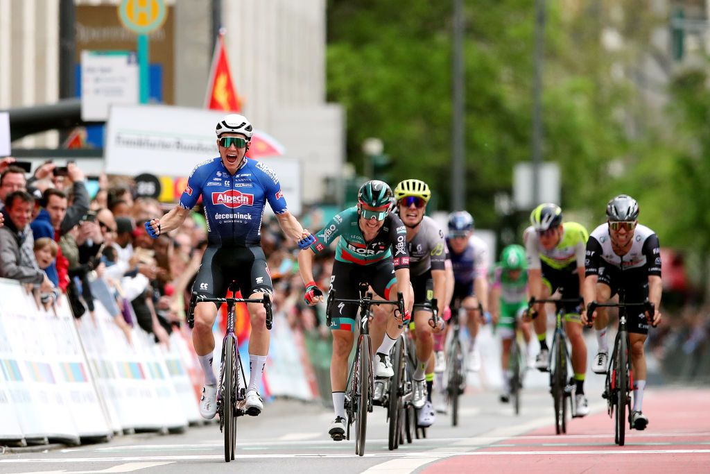 FRANKFURT GERMANY MAY 01 Sren Kragh Andersen of Denmark and Team AlpecinDeceuninck celebrates at finish line as race winner during the 62nd EschbornFrankfurt 2023 a 2038km one day race from Eschborn to Frankfurt UCIWT on May 01 2023 in Frankfurt am Main Germany Photo by Christian KasparBartkeGetty Images