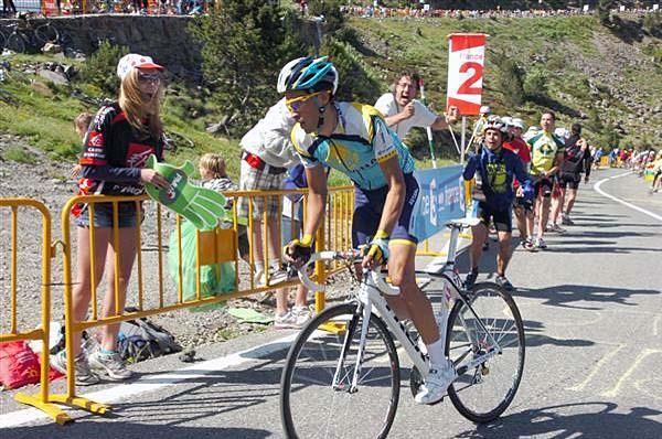 Alberto Contador (Astana) is cheered on by fans.