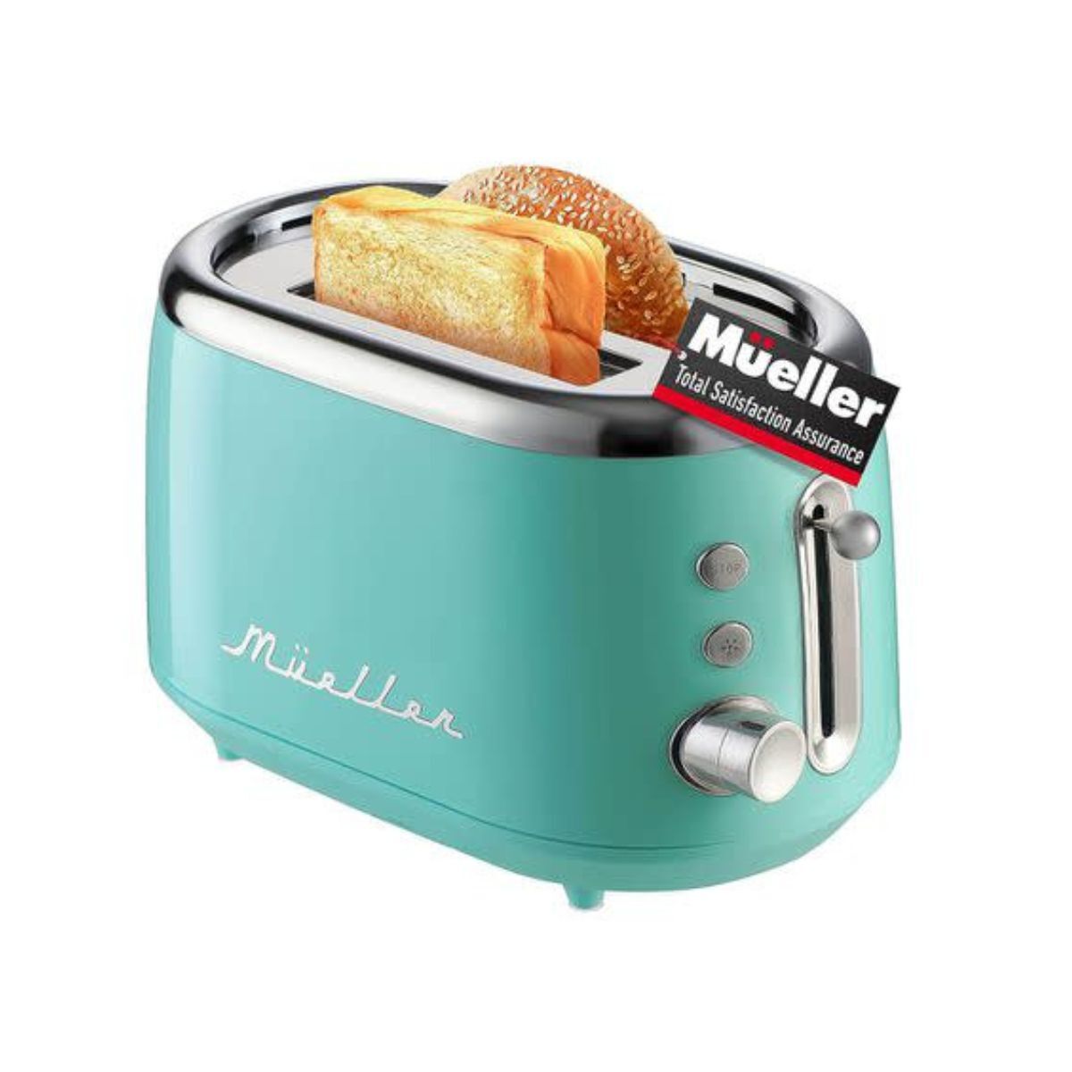A bright olo blue toaster