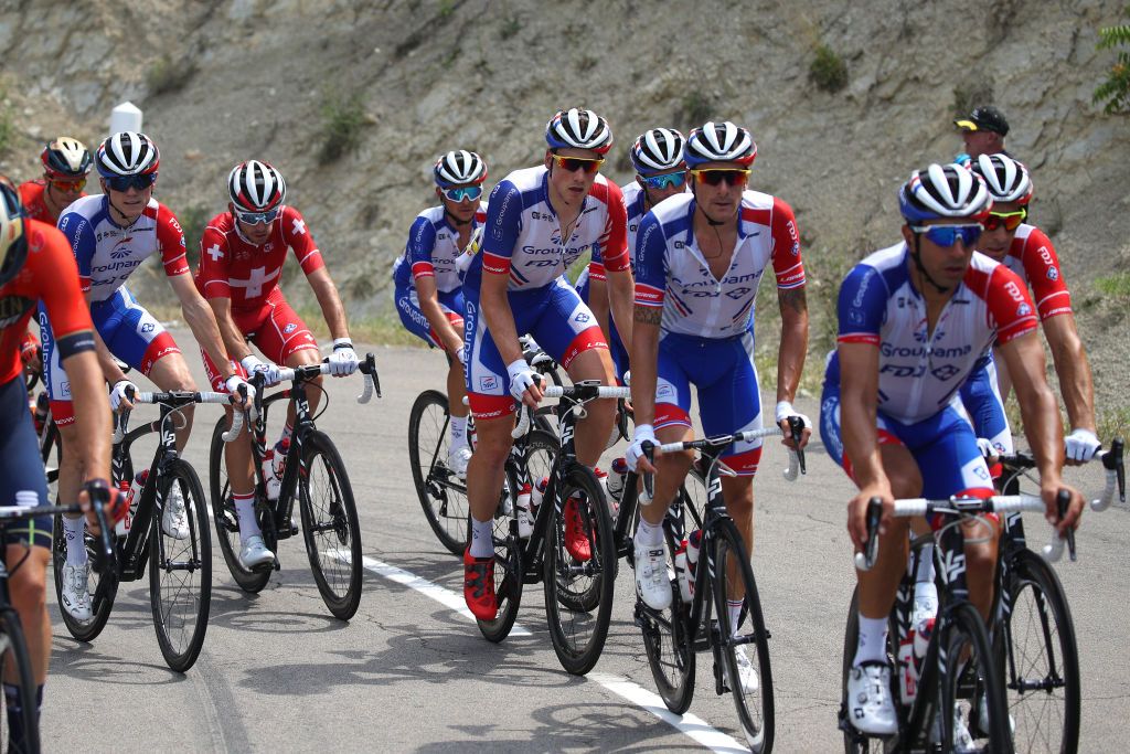 The Groupama-FDJ team ride on the front of the peloton