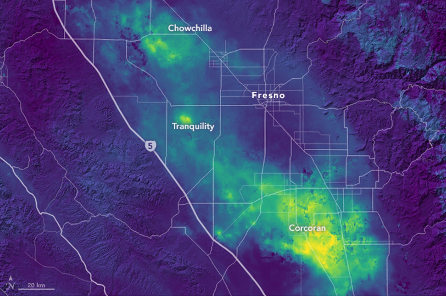 A map showing the subsidence of the San Joaquin Valley in California. The more yellow the color, the larger the sinking of the land. Some areas around Corcoran have subsided by nearly 2 feet (60 centimeters) in little more than a year.