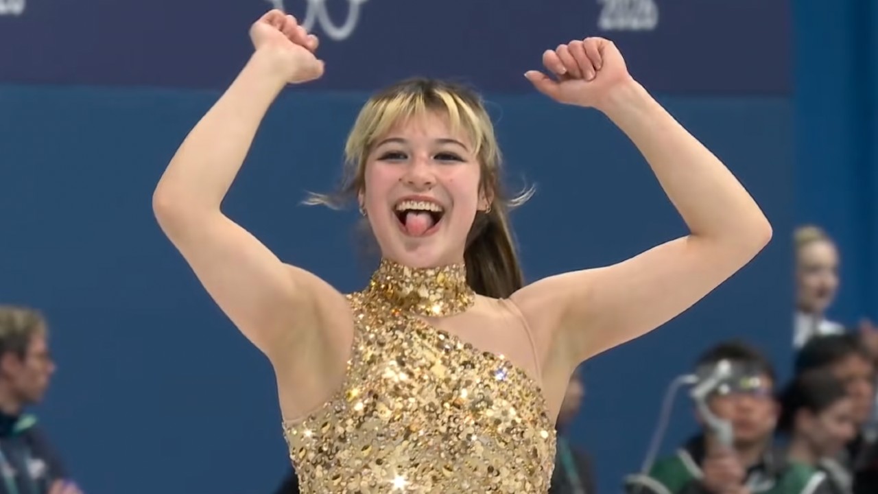 Alysia Liu celebrating her performance during the Winter Olympics