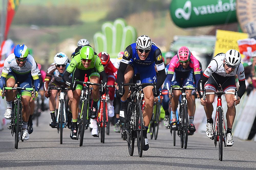 Marcel Kittel (Etixx-QuickStep) wins the slightly uphill sprain to the finish line at stage 1 Tour de Romandie