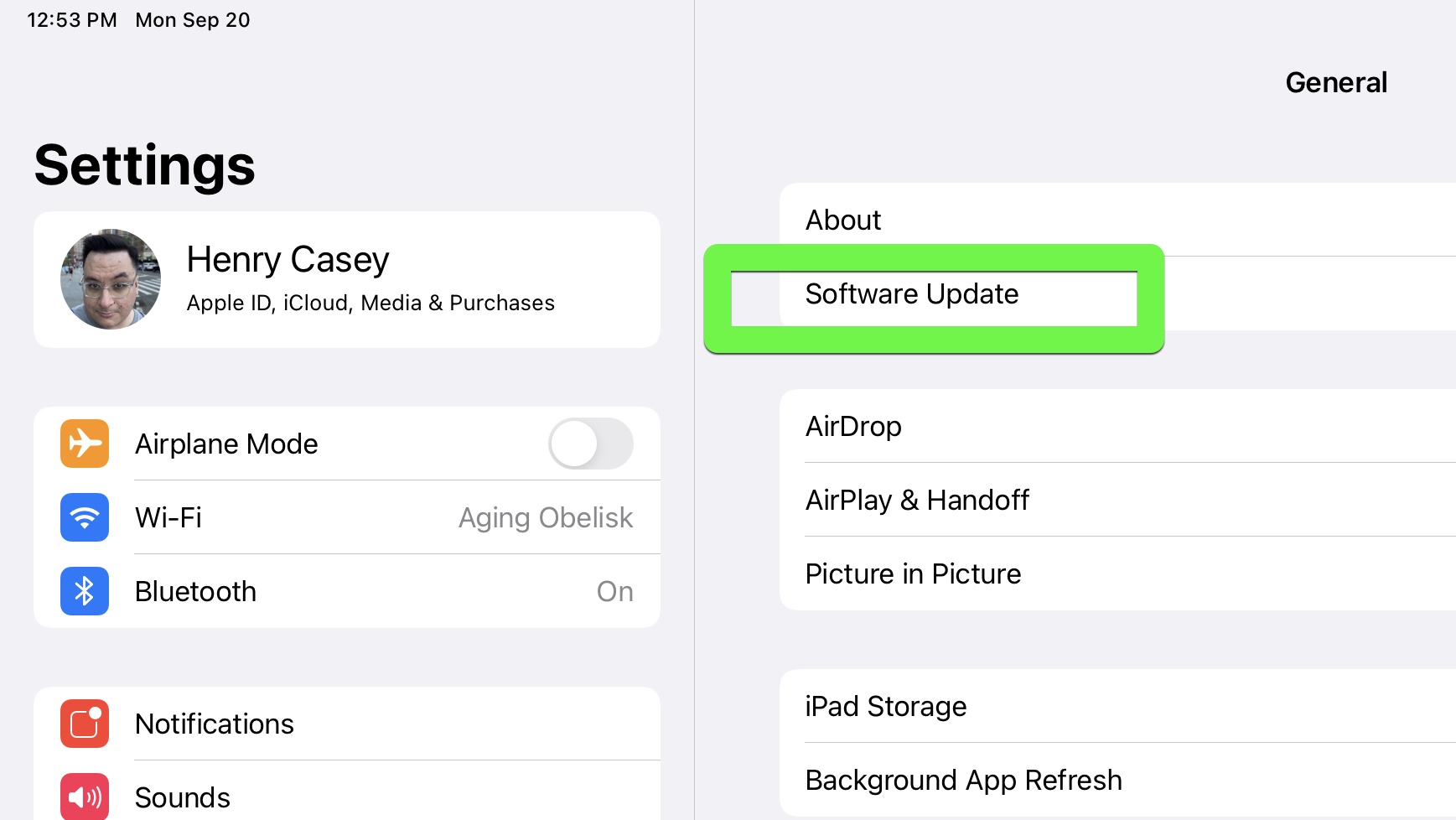 Software update is highlighted in Settings App