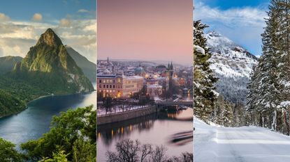 A grid showing the best places to visit in February: pitons of St Lucia, Prague cityscape at night and a snowy tree-lined ski slope