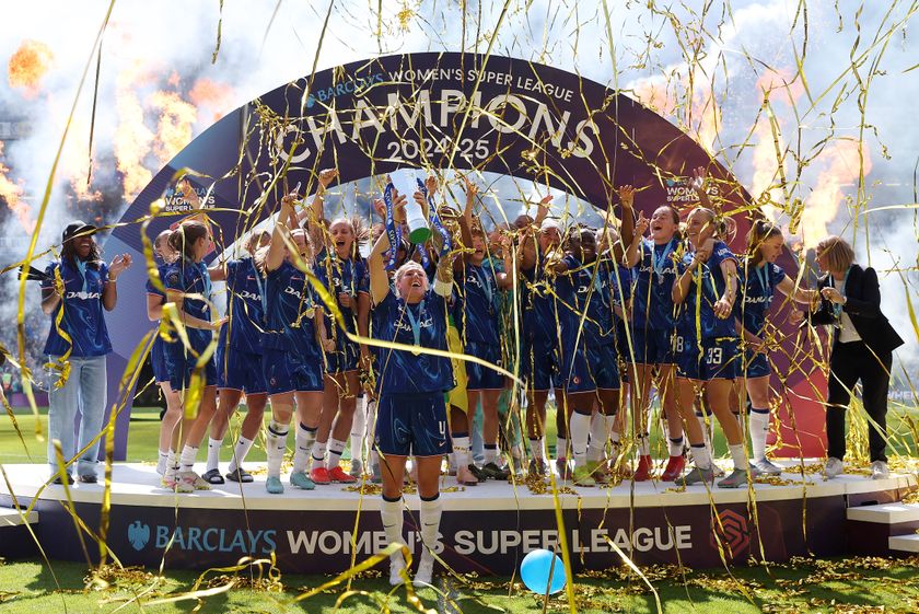 LONDON, ENGLAND - MAY 10: Millie Bright of Chelsea lifts the Barclays Women&#039;s Super League title trophy following the team&#039;s victory in the Barclays Women&#039;s Super League match between Chelsea FC and Liverpool FC at Stamford Bridge on May 10, 2025 in London, England. (Photo by Chris Lee - Chelsea FC/Chelsea FC via Getty Images)
