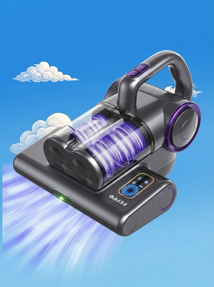 A FEPPO Mattress Vacuum on a background of an illustrated sky edited by Gemini