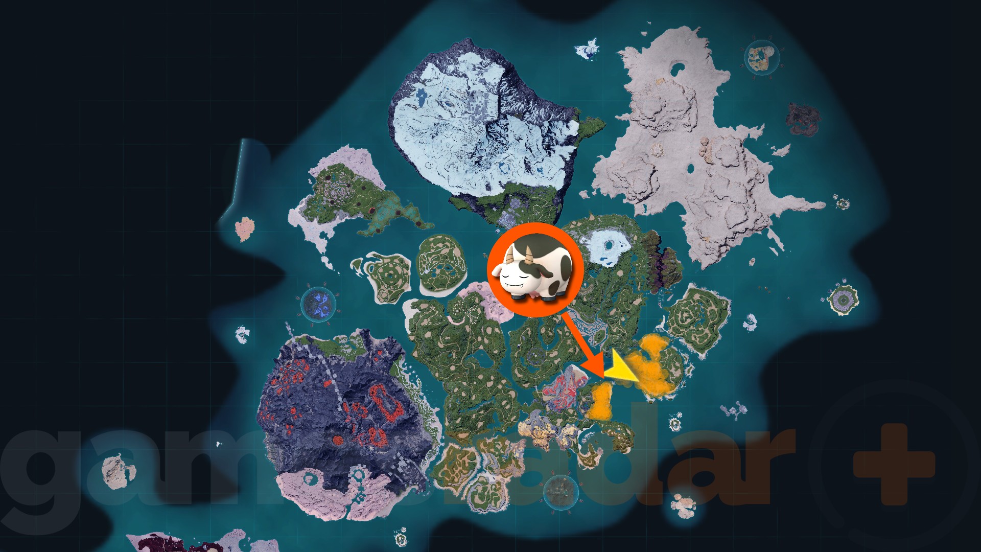 An orange arrow points to the location you can find Palworld Mozzarina on the in-game map after the 1.0 update.