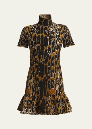 Leopard print high neck short sleeve skater mini dress