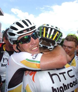 Mark Cavendish (HTC-Highroad) hugs Mark Renshaw after the finish.