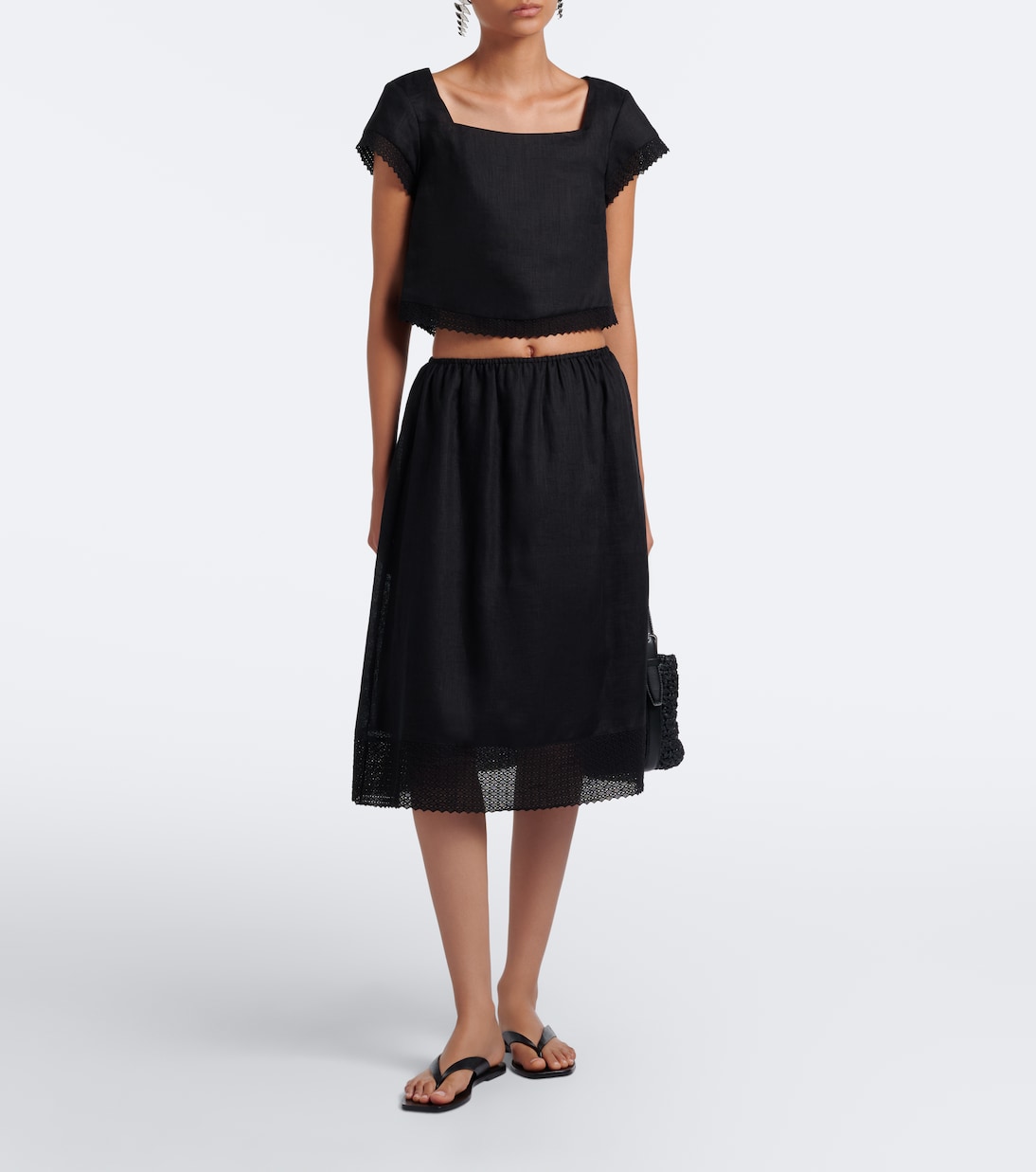 Alfie Embroidered Linen Midi Skirt in Black - Posse