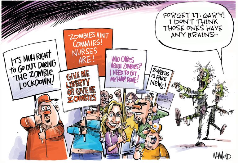 Political Cartoon U.S. lockdown protests coronavirus zombies