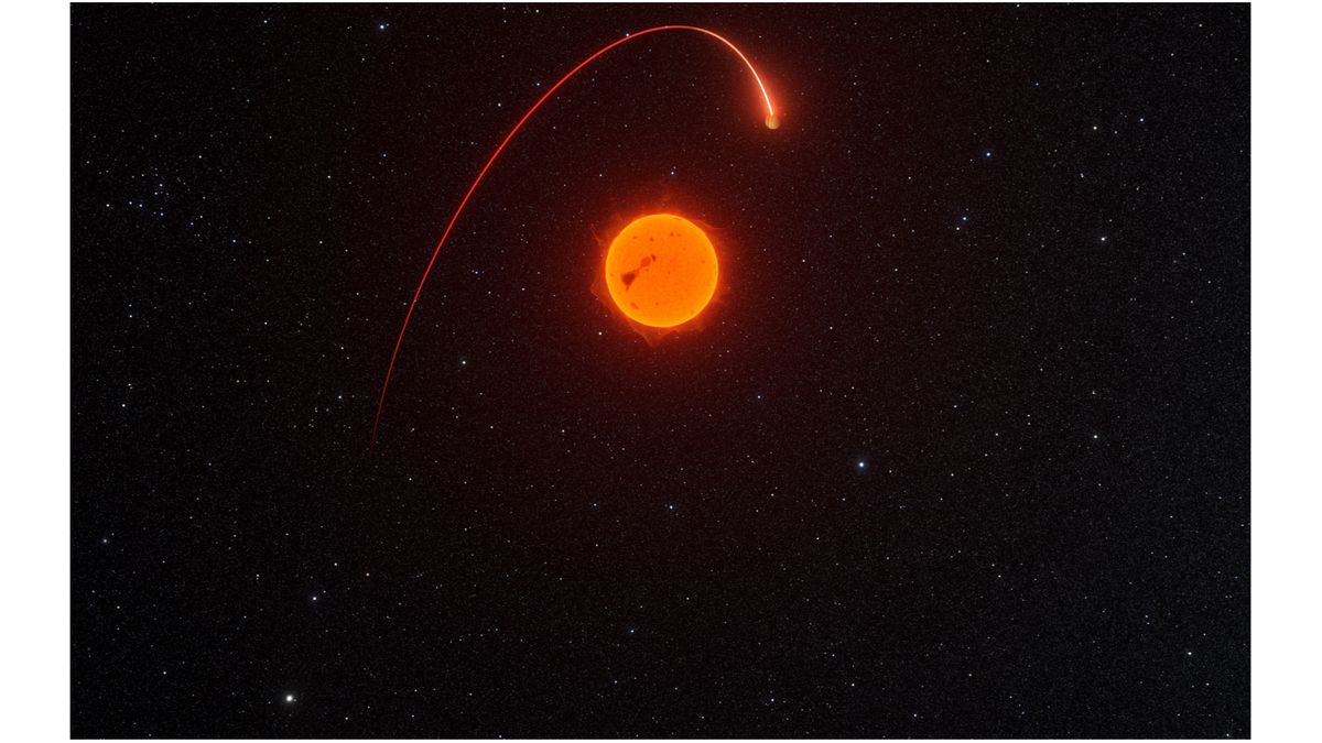 illustration showing a planet orbiting an orange star in deep space