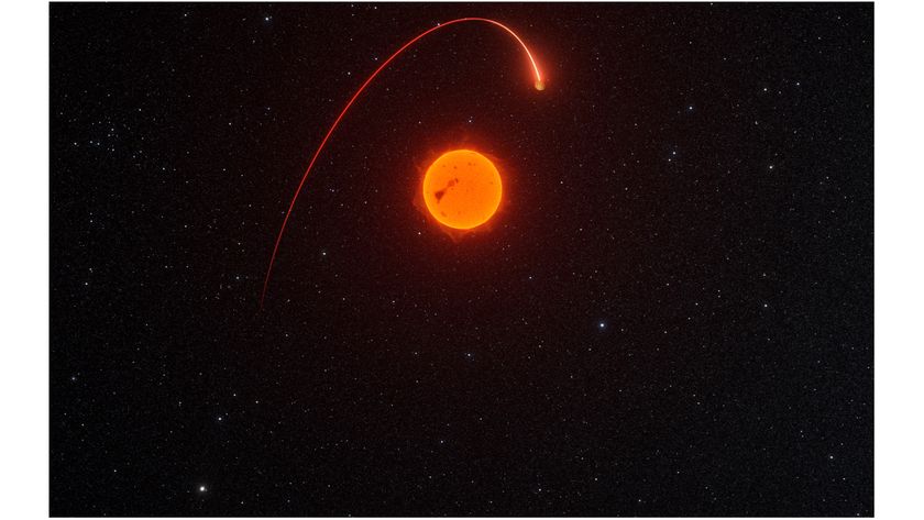 An artist&#039;s impression of Gaia-4b orbiting its star, tracing the shape of its orbit.