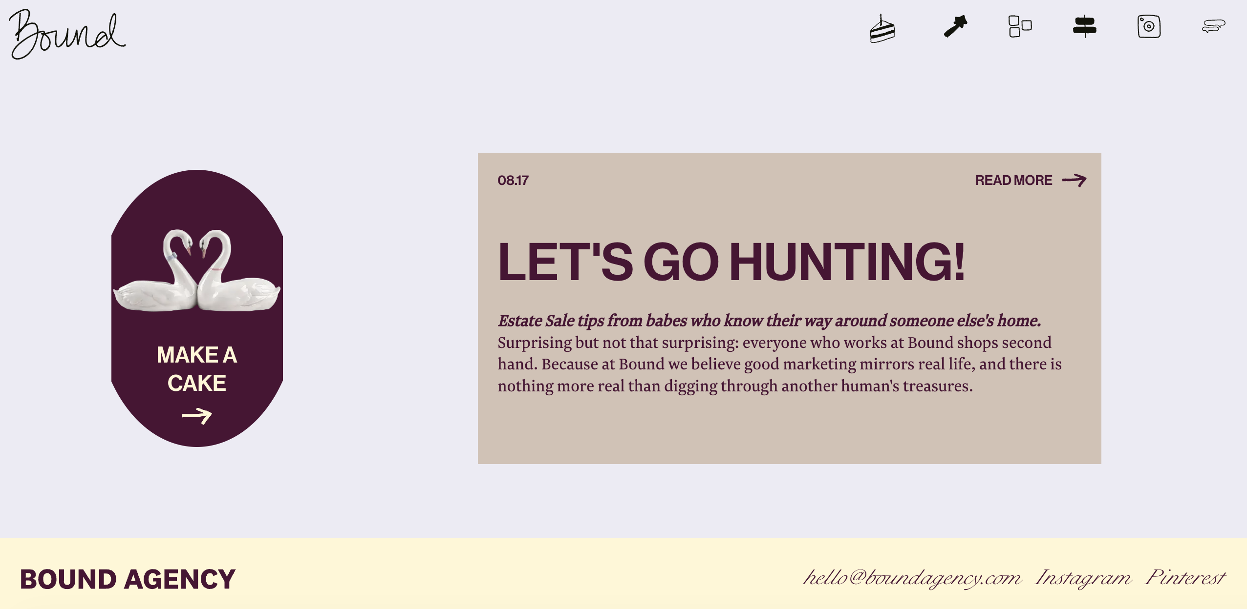 Bound Agency&amp;rsquo;s website showing a &amp;ldquo;Make a cake&amp;rdquo; button decorated with porcelain kissing swans beside a blog teaser headed &amp;ldquo;Let&amp;rsquo;s go hunting!&amp;rdquo; offering estate sale tips.