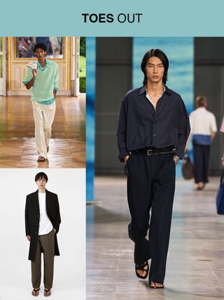 A collage highlighting the "Toes Out" trend at the men's spring summer 2025 shows, with images from Hermès, Auralee, and The Row.