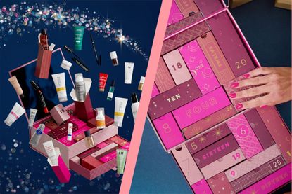 a collage showing the products and packaging in the Marks and Spencer beauty advent calendar 2022