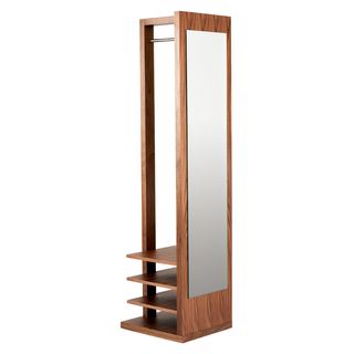 Freestanding Coat Stand and Mirror with shelving finished in a walnut veneer