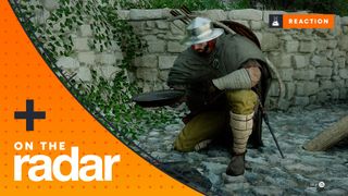 Crimson Desert screenshot of Kliff cooking with a frying pan, with an orange On the Radar overlay