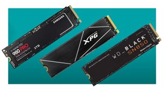Three SSDs on a green deals background