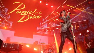 Brendon Urie of Panic! at the Disco onstage during the 2016 KROQ Weenie Roast at Irvine Meadows Amphitheatre on May 14, 2016 in Irvine, California