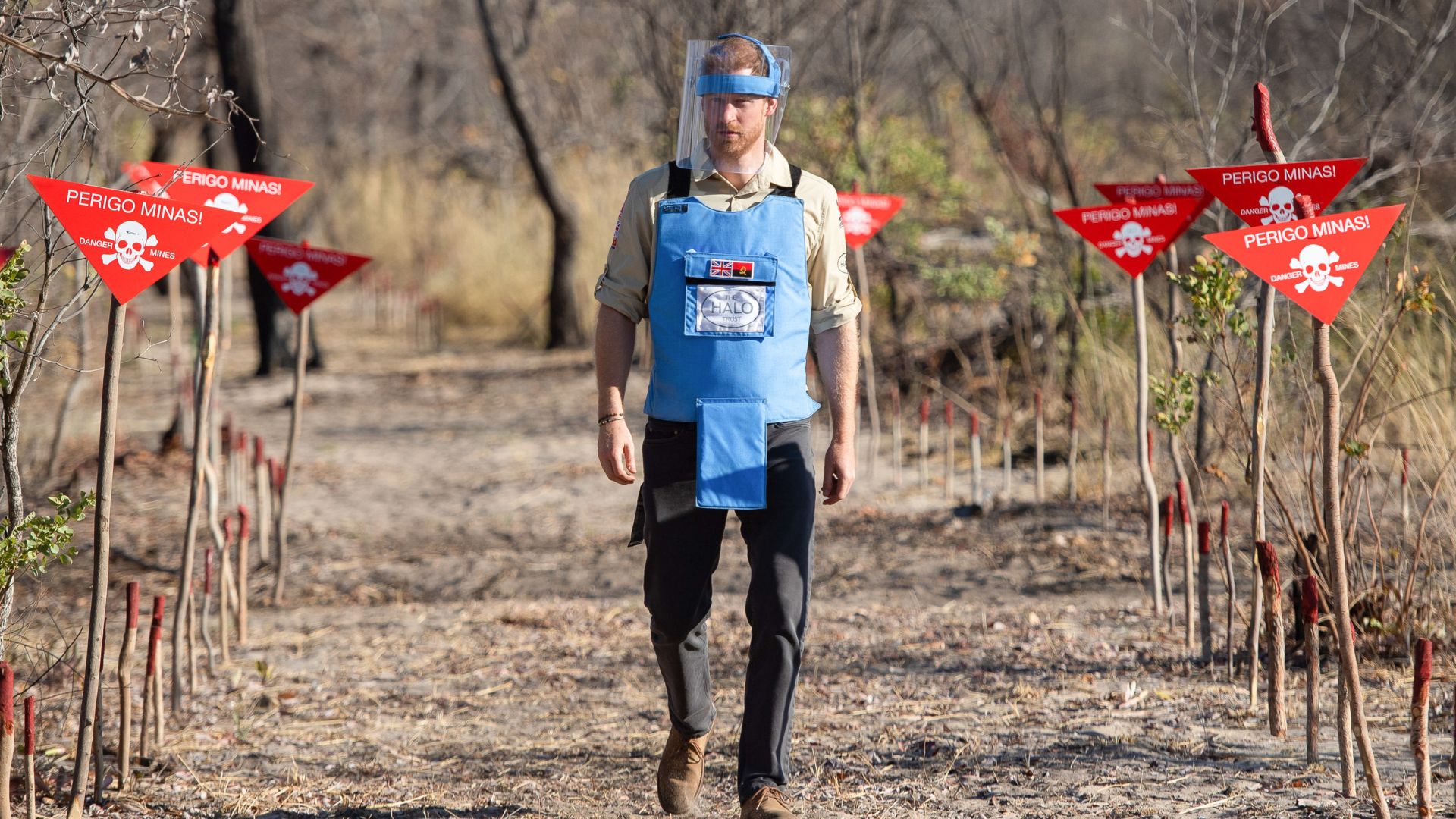 Prince Harry, Duke of Sussex walks through a minefield during a visit to see the work of landmine clearance charity the Halo Trust