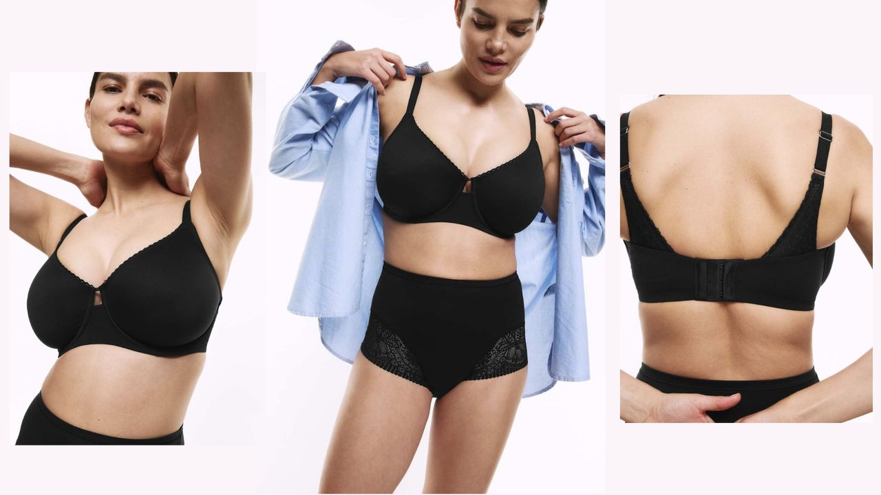 Model wearing M&amp;S Cool Comfort™ Cotton Rich Minimiser Bra