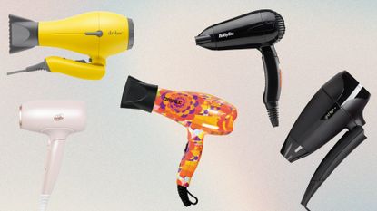 A collage of some of the best travel hair dryers featured in this guide, including tools from Drybar, T3, Amika, Babyliss & ghd/ all laid out across a pink, purple, blue and yellow gradient background