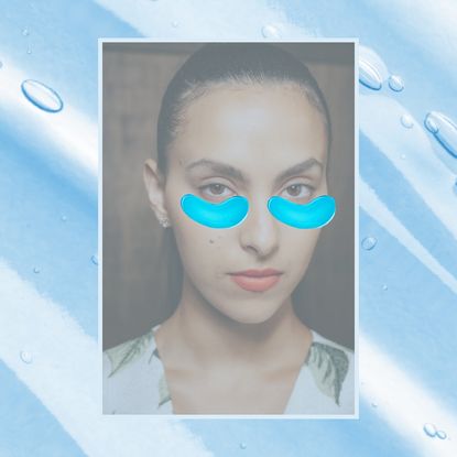 blue gel background with two models wearing different color under eye patches