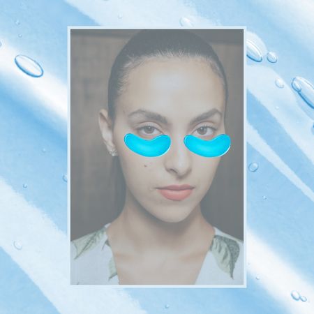 blue gel background with two models wearing different color under eye patches