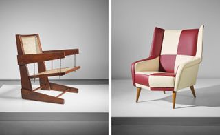 Left, rare swinging seat armchair and Right, rare Mariposa armchair