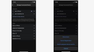 Two screenshots showing the Sony WF-C700N connecting to multiple devices using Bluetooth Multipoint through the Sony Sound Connect mobile app.