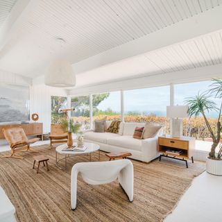 living room with white painted walls and large jute rug on floor